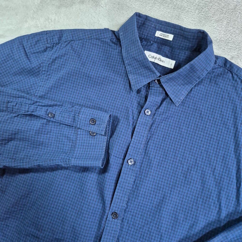 Calvin Klein Shirt Mens Large Blue Check Long Sleeve Button Up Cotton Casual